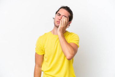 Caucasian handsome man isolated on white background with headache