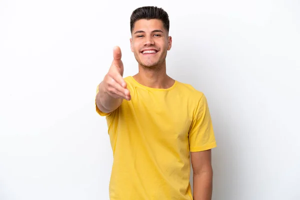 Young Caucasian Man Isolated White Background Shaking Hands Closing Good — Stock Photo, Image