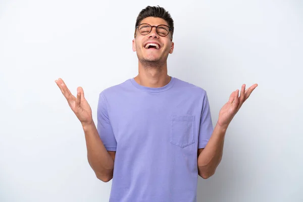 Young Caucasian Man Isolated White Background Smiling Lot — Stockfoto