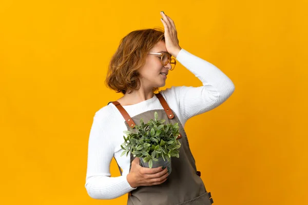 Young Georgian Woman Holding Plant Isolated Yellow Background Has Realized — Stock Photo, Image