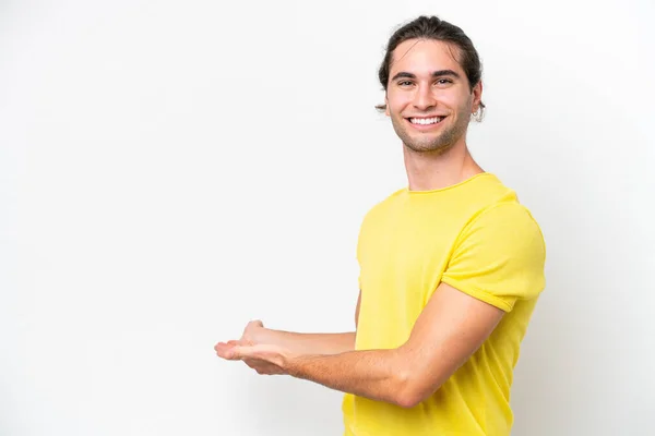 Caucasian Handsome Man Isolated White Background Extending Hands Side Inviting — 스톡 사진