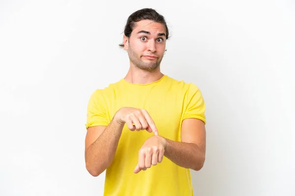 Caucasian Handsome Man Isolated White Background Making Gesture Being Late — Foto de Stock
