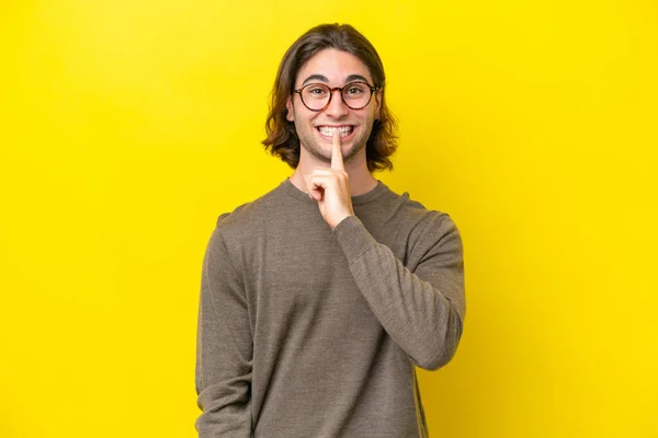 Caucasian Handsome Man Isolated Yellow Background Showing Sign Silence Gesture — 스톡 사진