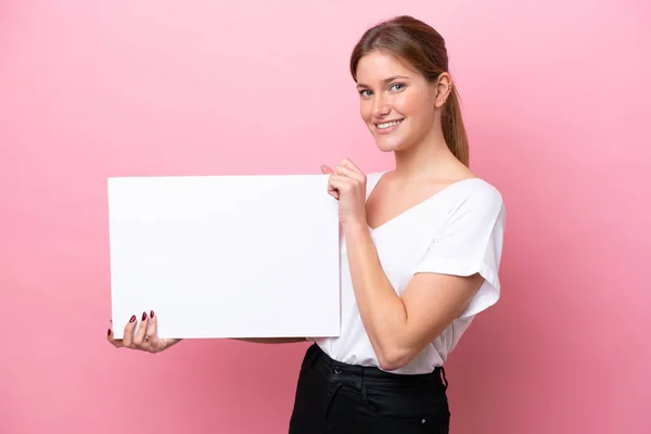Young Caucasian Woman Isolated Pink Background Holding Empty Placard Happy — Stock Photo, Image