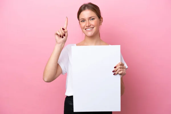 Young Caucasian Woman Isolated Pink Background Holding Empty Placard Pointing — Stock Photo, Image