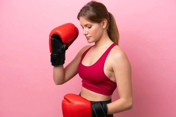 Young Caucasian Woman Isolated Pink Background Boxing Gloves — Stock Photo, Image