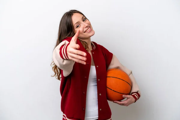 Young Caucasian Woman Playing Basketball Isolated White Background Shaking Hands — Stok fotoğraf