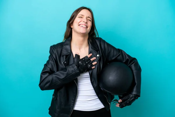 Young Caucasian Woman Motorcycle Helmet Isolated Blue Background Smiling Lot — Foto Stock