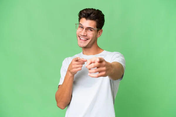 Young Caucasian Handsome Man Isolated Background Surprised Pointing Front — Stock Photo, Image