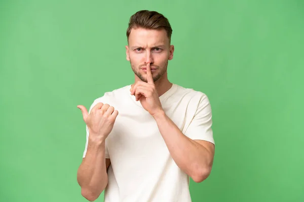 Young Blonde Caucasian Man Isolated Background Pointing Side Doing Silence — Stock Photo, Image