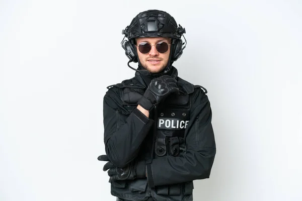 Swat男上の隔離された白い背景に眼鏡と笑顔 — ストック写真