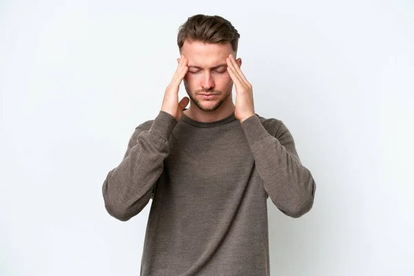 Young Blonde Caucasian Man Isolated White Background Headache — Stock Photo, Image