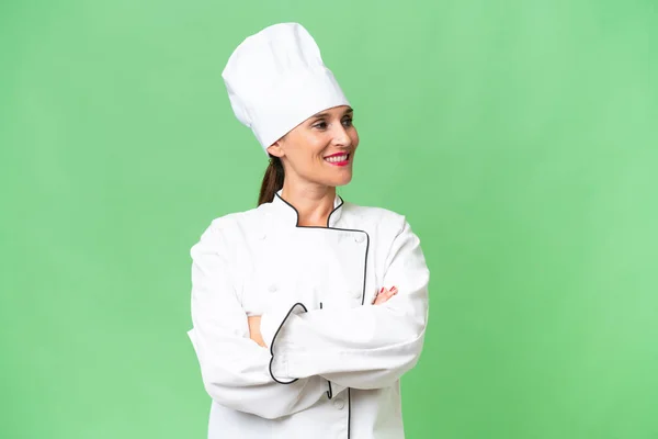 Chef Donna Mezza Età Sfondo Isolato Cercando Lato — Foto Stock