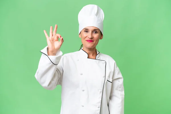 Chef Donna Mezza Età Sfondo Isolato Mostrando Segno Con Dita — Foto Stock