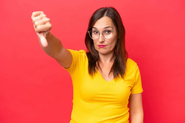 Middle Aged Caucasian Woman Isolated Red Background Showing Thumb Negative — Stock Photo, Image