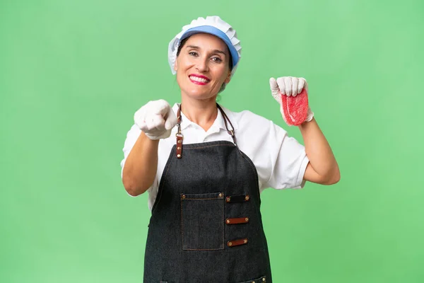 Butcher Woman Wearing Apron Serving Fresh Cut Meat Isolated Background Stock Picture