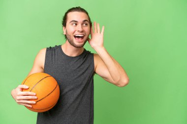 Genç basketbolcu, izole edilmiş arka planda bir şeyler dinlerken elini kulağına koyar.