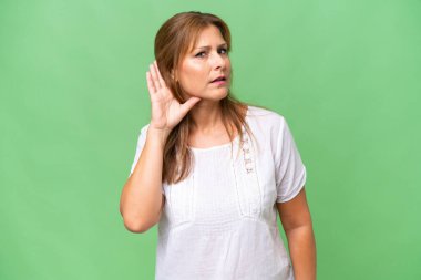 Orta yaşlı beyaz kadın izole edilmiş arka planda elini kulağına koyarak bir şeyler dinliyor.