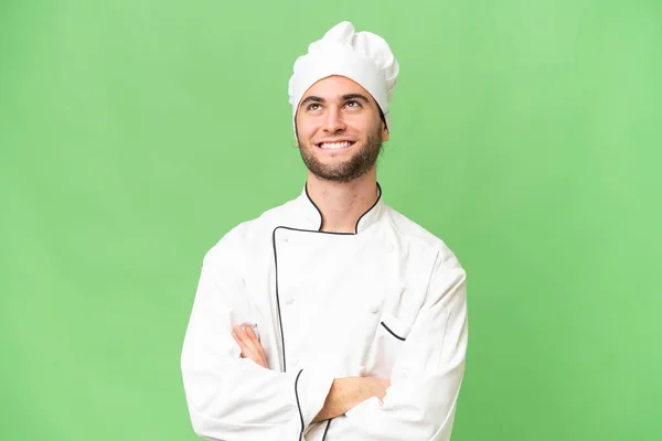 Jeune Beau Chef Homme Sur Fond Isolé Regardant Vers Haut — Photo
