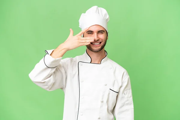 Jovem Bonito Chef Homem Sobre Isolado Fundo Cobrindo Olhos Por — Fotografia de Stock