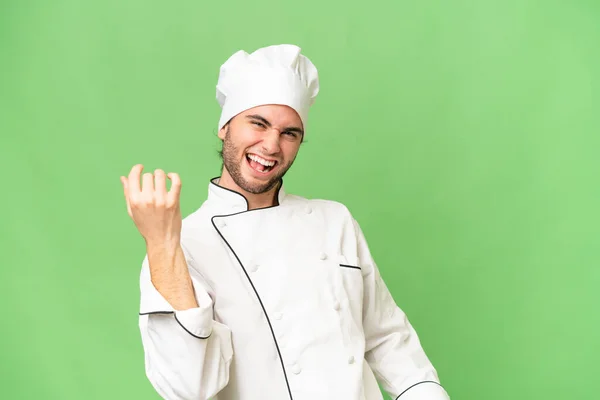 Jonge Knappe Chef Kok Geïsoleerde Achtergrond Maken Gitaar Gebaar — Stockfoto
