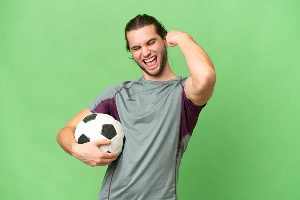 Jonge Knappe Football Speler Man Geïsoleerde Achtergrond Vieren Van Een — Stockfoto