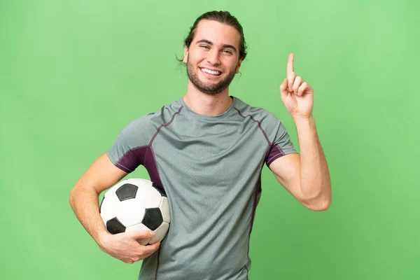 Jonge Knappe Football Speler Man Geïsoleerde Achtergrond Wijzend Een Geweldig — Stockfoto