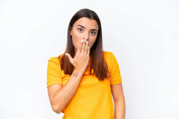 Young Caucasian Woman Isolated White Background Covering Mouth Hand — Stock Photo, Image
