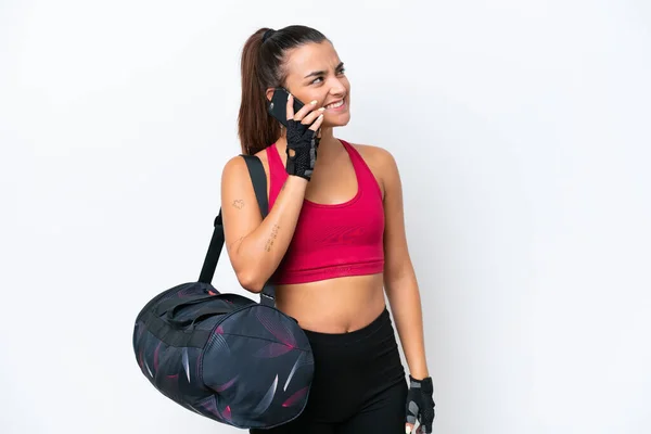 Young Sport Woman Sport Bag Isolated White Background Keeping Conversation — Stock Fotó