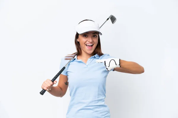 Young Caucasian Woman Playing Golf Isolated White Background Surprise Facial — 图库照片