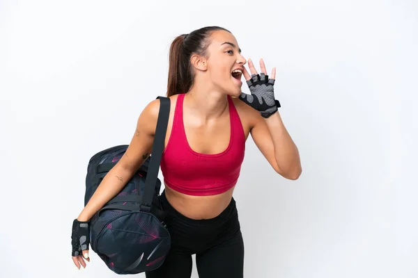 Young Sport Woman Sport Bag Isolated White Background Shouting Mouth — Foto Stock