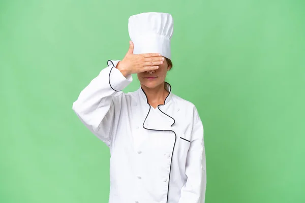 Middle Aged Chef Woman Isolated Background Covering Eyes Hands Want — Stock Photo, Image