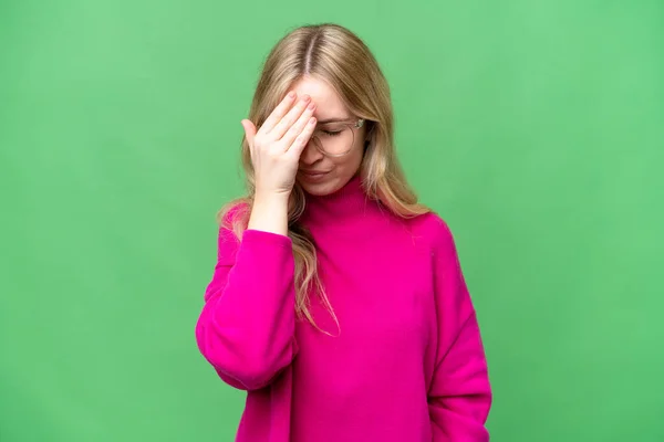 Young English Woman Isolated Background Headache — Stockfoto