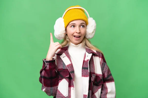 Jovem Inglesa Vestindo Regalos Inverno Sobre Fundo Isolado Com Intenção — Fotografia de Stock