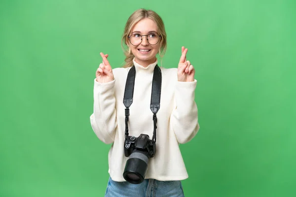 Young Photographer English Woman Isolated Background Fingers Crossing — Stock Photo, Image