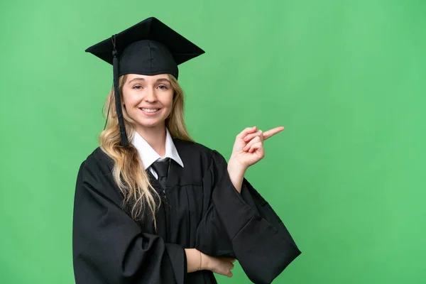 若い大学英語の大学院生女性上の隔離された背景指差し指へ側 — ストック写真