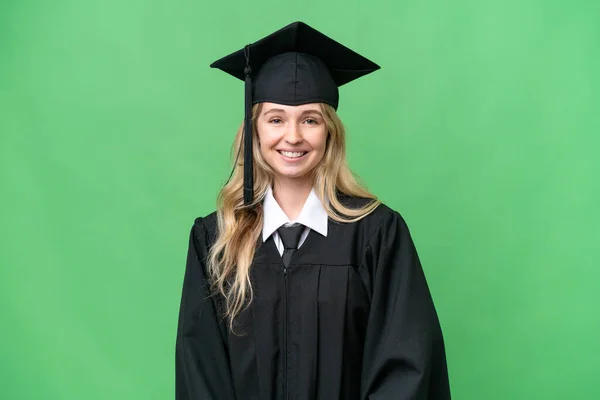 Joven Universidad Inglés Graduado Mujer Sobre Aislado Fondo Riendo — Foto de Stock