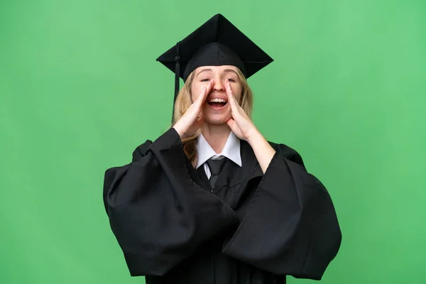 Νεαρή Αγγλίδα Απόφοιτος Πανεπιστημίου Πάνω Από Απομονωμένο Υπόβαθρο Φωνάζοντας Και — Φωτογραφία Αρχείου