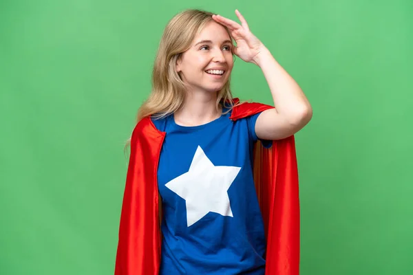Super Hero Angielska Kobieta Odosobnionym Tle Uświadomiła Sobie Coś Zamierzając — Zdjęcie stockowe