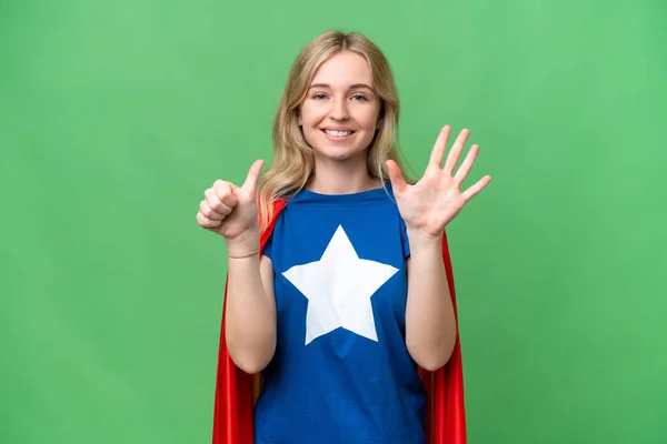 Super Hero English Woman Isolated Background Counting Six Fingers — Stock Photo, Image