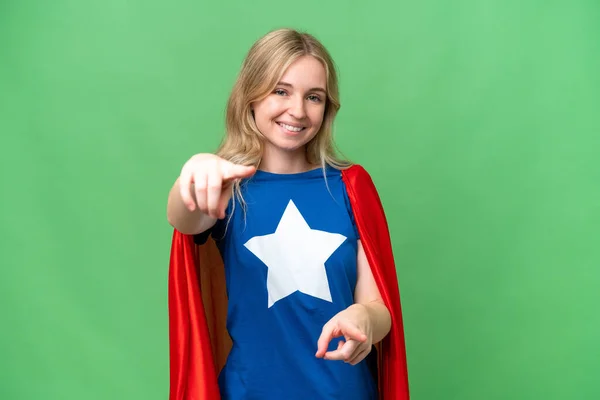 Super Hero English Woman Isolated Background Points Finger You While — Stock Photo, Image