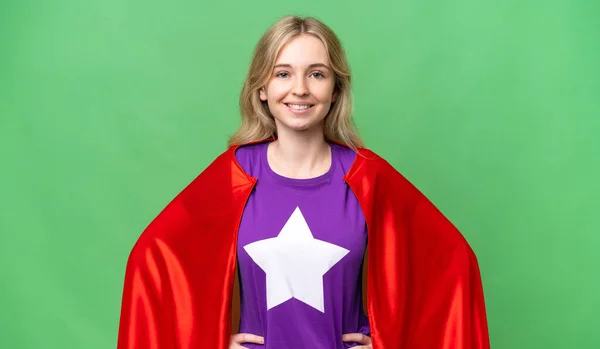 Young English Woman Isolated Background Superhero Costume Posing Arms Hip — Stock Photo, Image
