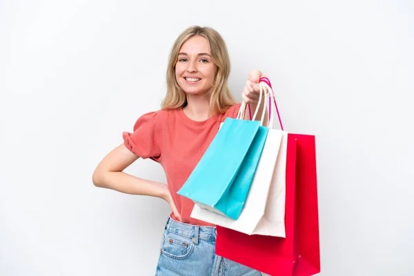 Jonge Engelse Vrouw Geïsoleerd Witte Achtergrond Met Winkeltassen Geven Aan — Stockfoto