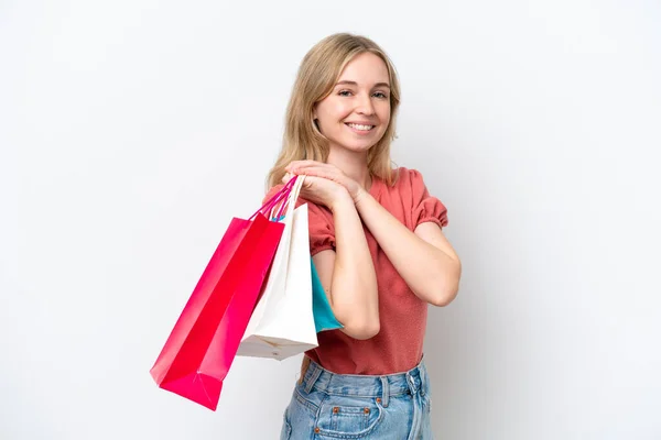 Beyaz Arka Planda Izole Edilmiş Genç Bir Ngiliz Kadın Alışveriş — Stok fotoğraf