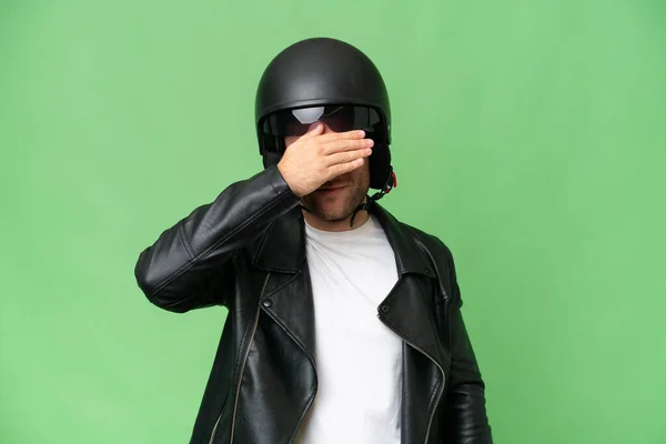 Young Caucasian Man Motorcycle Helmet Isolated Green Chroma Background Covering — Stock Photo, Image