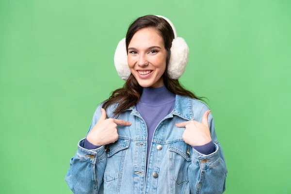 Young Caucasian Woman Wearing Winter Muffs Isolated Background Surprise Facial — Foto de Stock