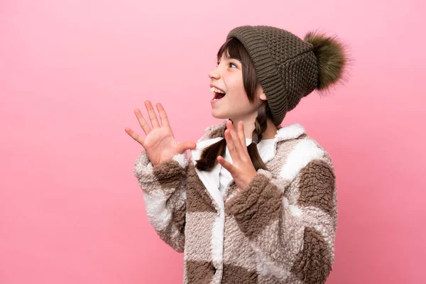 Little Caucasian Girl Winter Jacket Isolated Pink Background Surprise Facial — Stock fotografie
