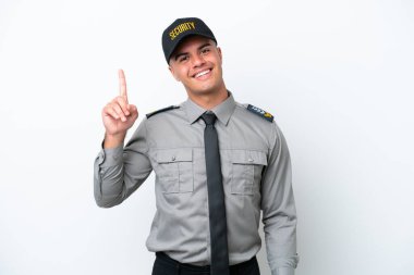 Young caucasian security man isolated on white background showing and lifting a finger in sign of the best