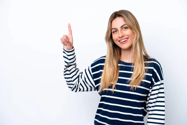 Молодая Уругвайская Женщина Белом Фоне Показывает Поднимает Палец Знак Лучшего — стоковое фото