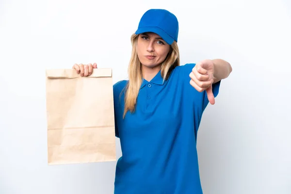 Young Uruguayan Woman Taking Bag Takeaway Food Isolated White Background — Fotografia de Stock